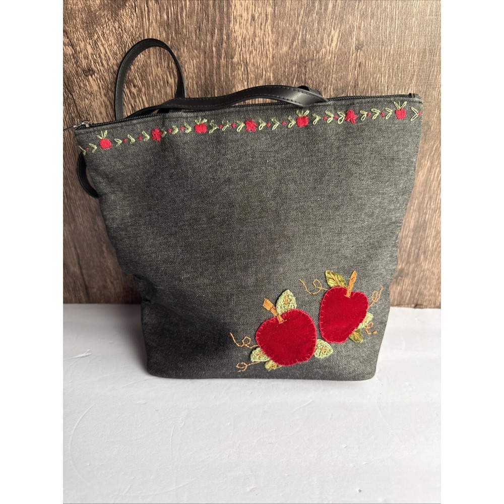 Cappelli Straworld Inc Denim Tote Bag Embroidered Apple Floral Cottagecore‎ Gray